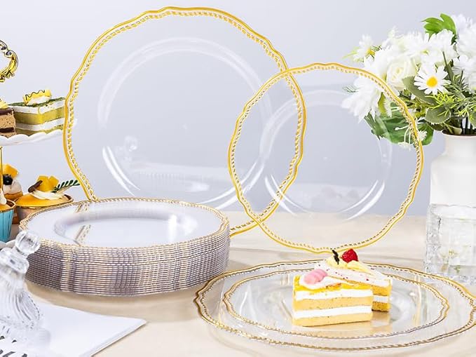 Hioasis 60pcs Clear Plastic Plates - Clear and Gold Disposable Dinnerware with Gold Rim, Heavy-duty, 10.25 inch, Dinner Plates for Party & Wedding