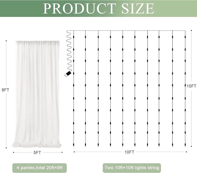 Tulle Backdrop Curtain with Lights String 20 X 8FT Ivory Sheer Tulle Backdrop Curtains for Wedding Birthday Party Reception Photo Booth Background Decorations (4 Panels 5x8FT)