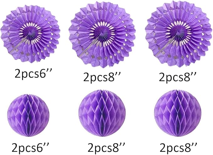 12pcs 6’’ 8’’ Honeycomb Balls Tissue Paper Fans Party Honeycomb Ball Fans Wall Tissue Pom Poms Flower Balls Hanging Paper Fans for Party Baby Shower Birthday Wedding Nursery Wall Decor(Purple kit)