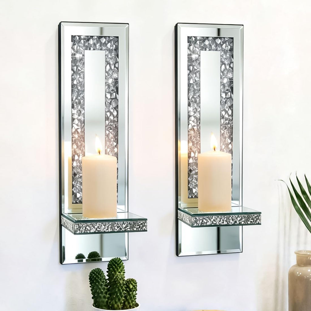 Pibeyer Mirrored Candle Sconces with Acrylic Diamond, Crushed Diamond Wall Candle Holders, Home Decor
