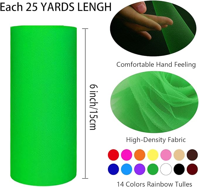14 Colors Tulle Rolls 6” by 25 Yards (75 Feet) Rainbow Tulle Netting Fabric Spool for DIY Tutu Skirt Gift Bow Craft Wedding Party Decorations