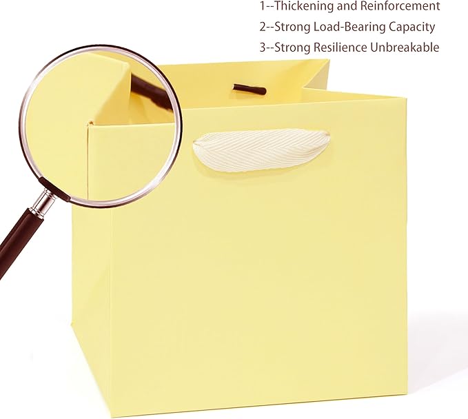 Beige Yellow Paper Gift Bag Small Square Bottom Kraft Carboard Paper Bags With Handles (Beige Yellow, 6 x 6 x 6 in, 10 CT)