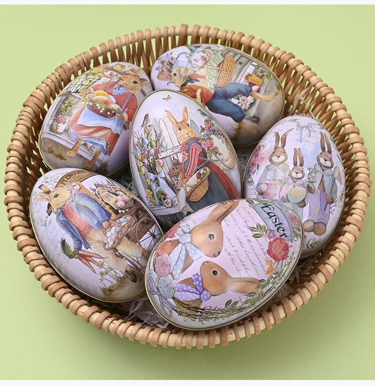 Vintage Easter Egg Tin Box (Style B), Metal Rabbit Easter Egg Containers for Candy & Treats, Reusable Decorative Gift Tin