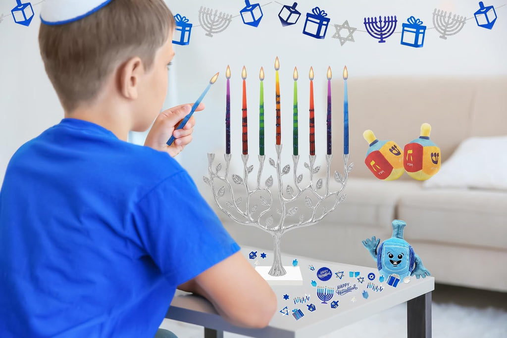 The Dreidel Company Dripless Hanukkah Candles, Multicolored Striped Deluxe Tapered Decorations, 1-Hour Burn Time 45 Menorah Candles for All 8 Nights of Chanukah
