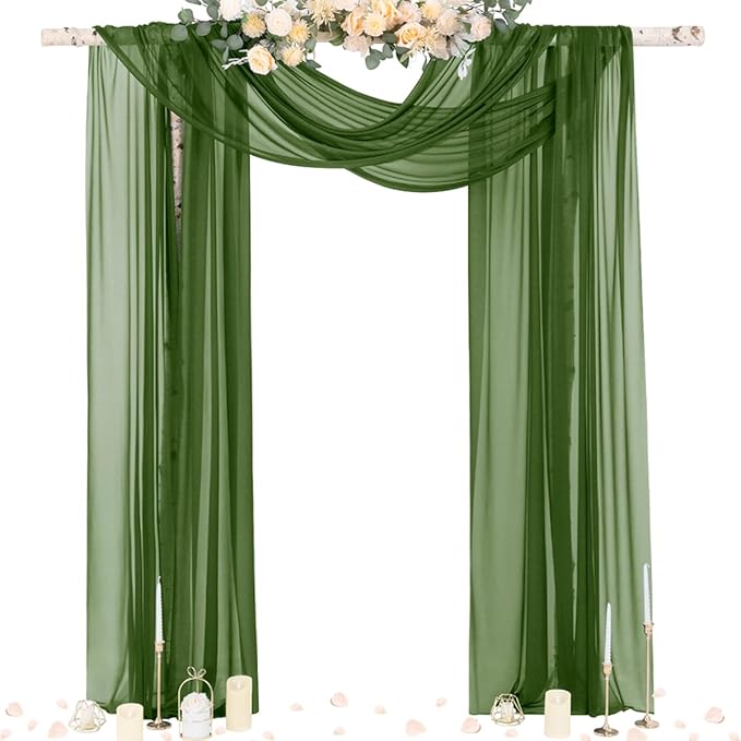 Socomi Olive Green Wedding Arch Draping Fabric 29" x 20Ft 1 Panel Sheer Outdoor Curtain Drapes Extra Long for Bridal Baby Shower Ceremony Birthday Party Decor