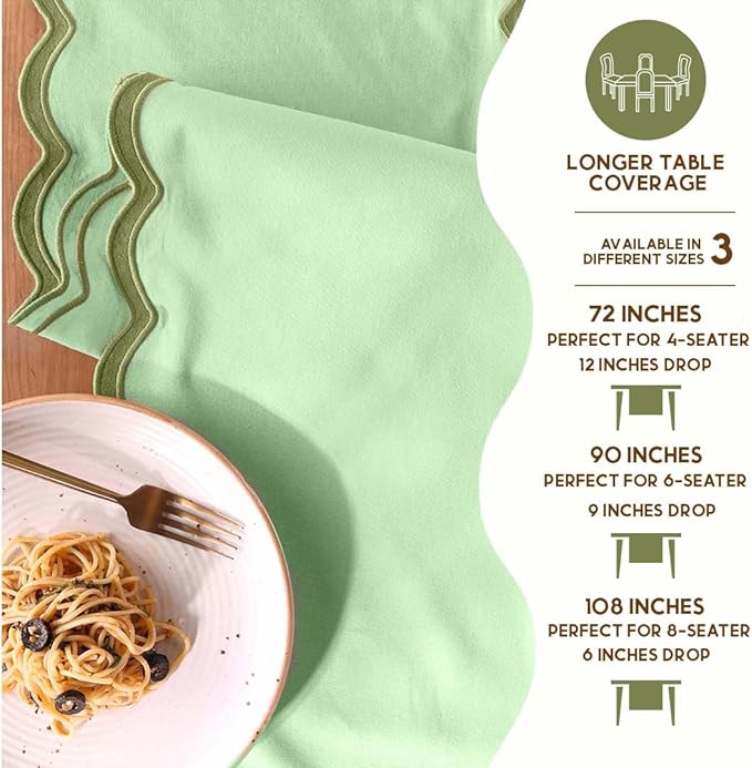 Folkulture Table Runner | Table Runners 108 inches Long | Scallop Table Runner for Farmhouse Decor or Boho Decor | Sage Green Table Runners for Dining Room Table Decor | Pastel Party Decorations