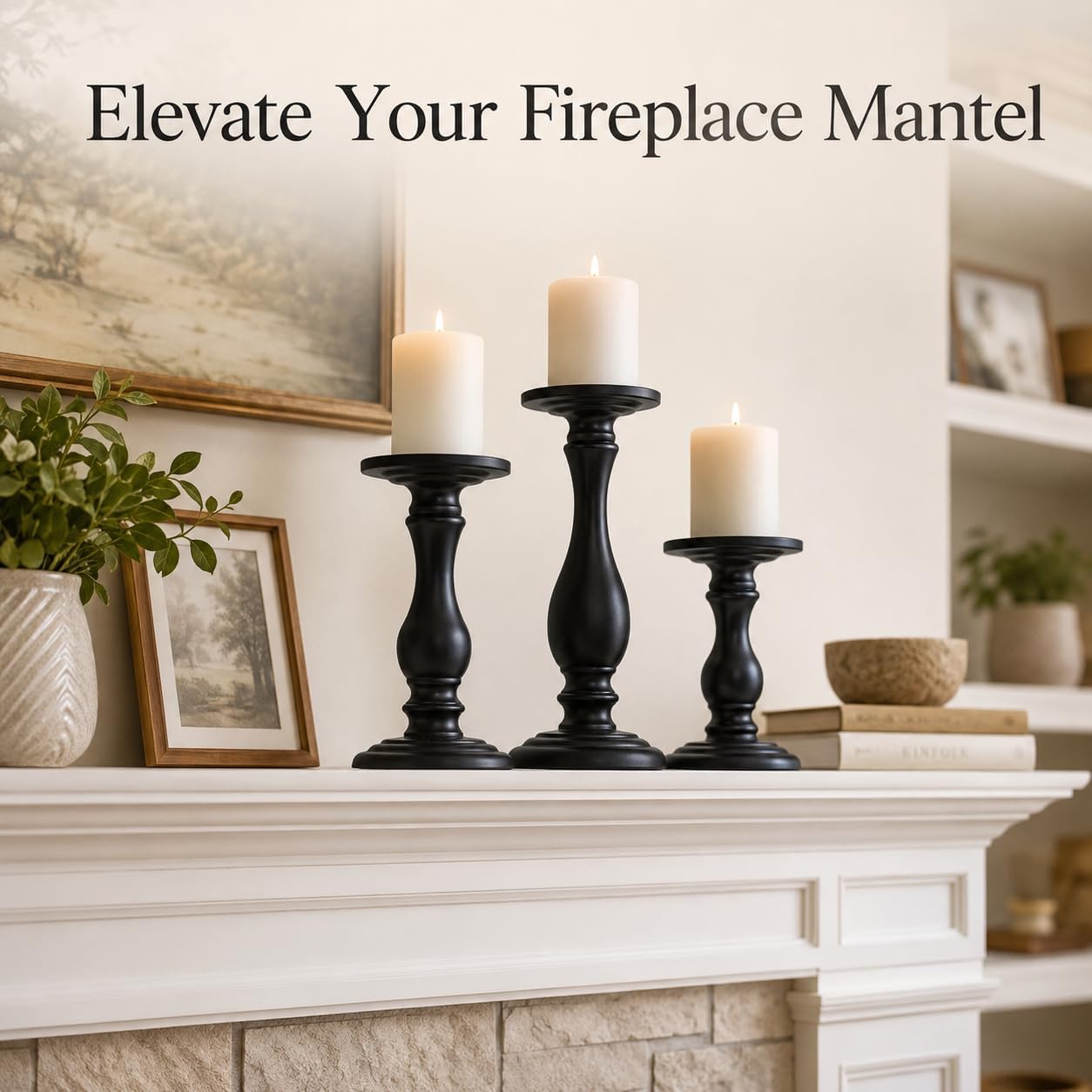 Matte Black Pillar Candle Holders Set of 3, 6/8/10 Inch Metal Stands for 3 or 4 Inch Pillars, Fireplace Mantel Table Centerpiece, Rustic Farmhouse Wedding Decor