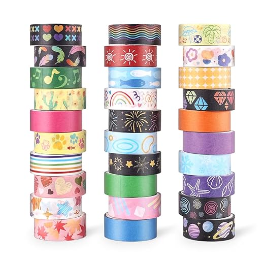 30 Rolls Colorful Theme Washi Tape Set with Different Colorful Patterns, Writable Decorative Tapes for Scrapbooking, Bible Journaling, Bullet Journaling, 0.6'' x 79'' per Roll