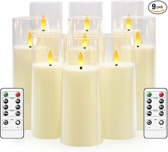 Flickering Flameless Candles Battery Operated with Remote and 2/4/6/8 H Timer Plexiglass Led Pillar Candles Pack of 9 (D2.3"xH 6"7"8")with Realistic Moving Wick Candles for Home Decor(Ivory)