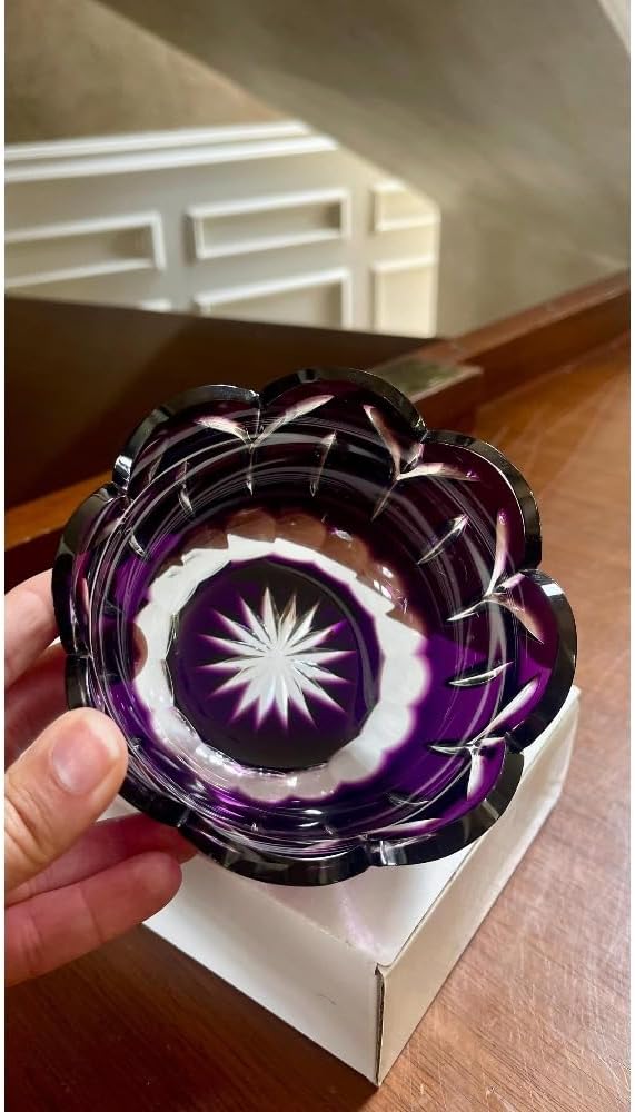 Crystal Purple Cut to Clear Rose Bowl Flower Vase Candleholder