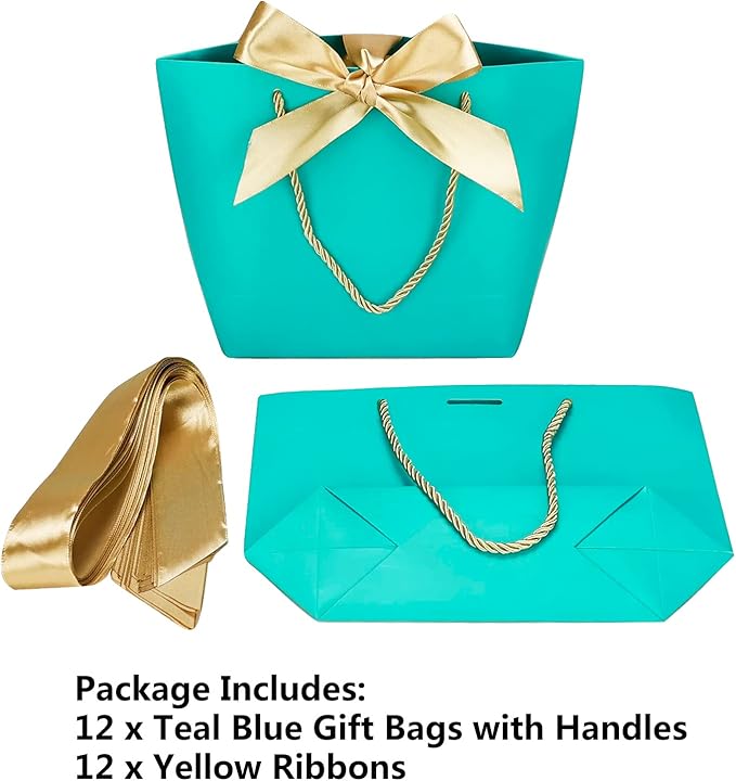 HUAPRINT Gift Bags with Handles,7.48×3.54×7.9 inches,Party Favor Bags with Bow Ribbon,12Pcs Teal Blue Paper Bags for Birthday Wedding Bridesmaid Holiday