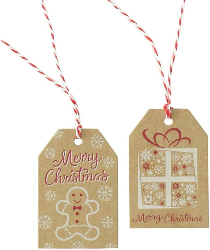 100 Pack Brown Kraft Paper Christmas Gift Tags， Xmas Brown Kraft Gift Tags with Jute Twine Baker Twine for DIY Xmas Holiday Present Wrap Stamp and Label Package Name Card