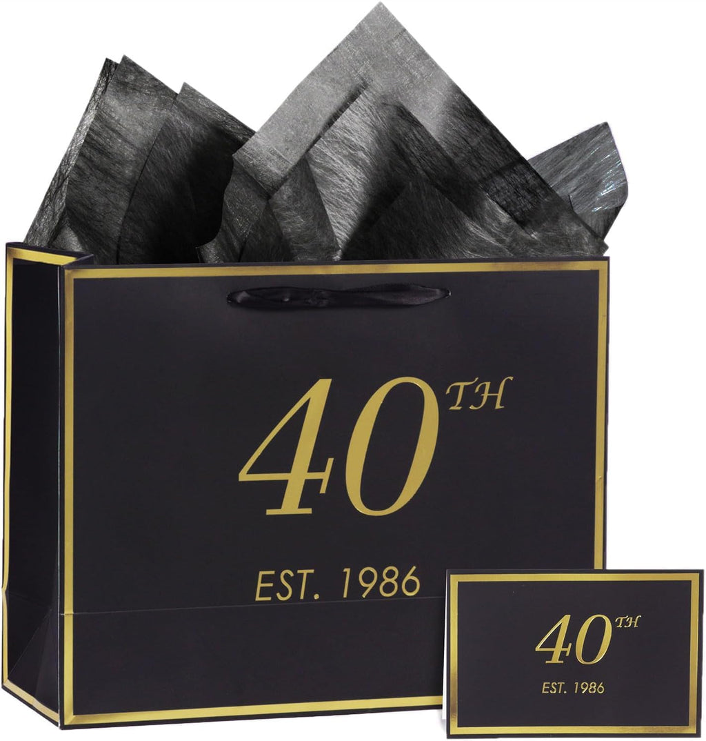 40th Birthday Gift Bag with Card and Tissue Paper for Men Women Him, 1986 40 Year Old 13" Elegant Black Gold Anniversary Keepsake Party Present Shopping Paper Bags for Gifts Wrapping (1986 40th)