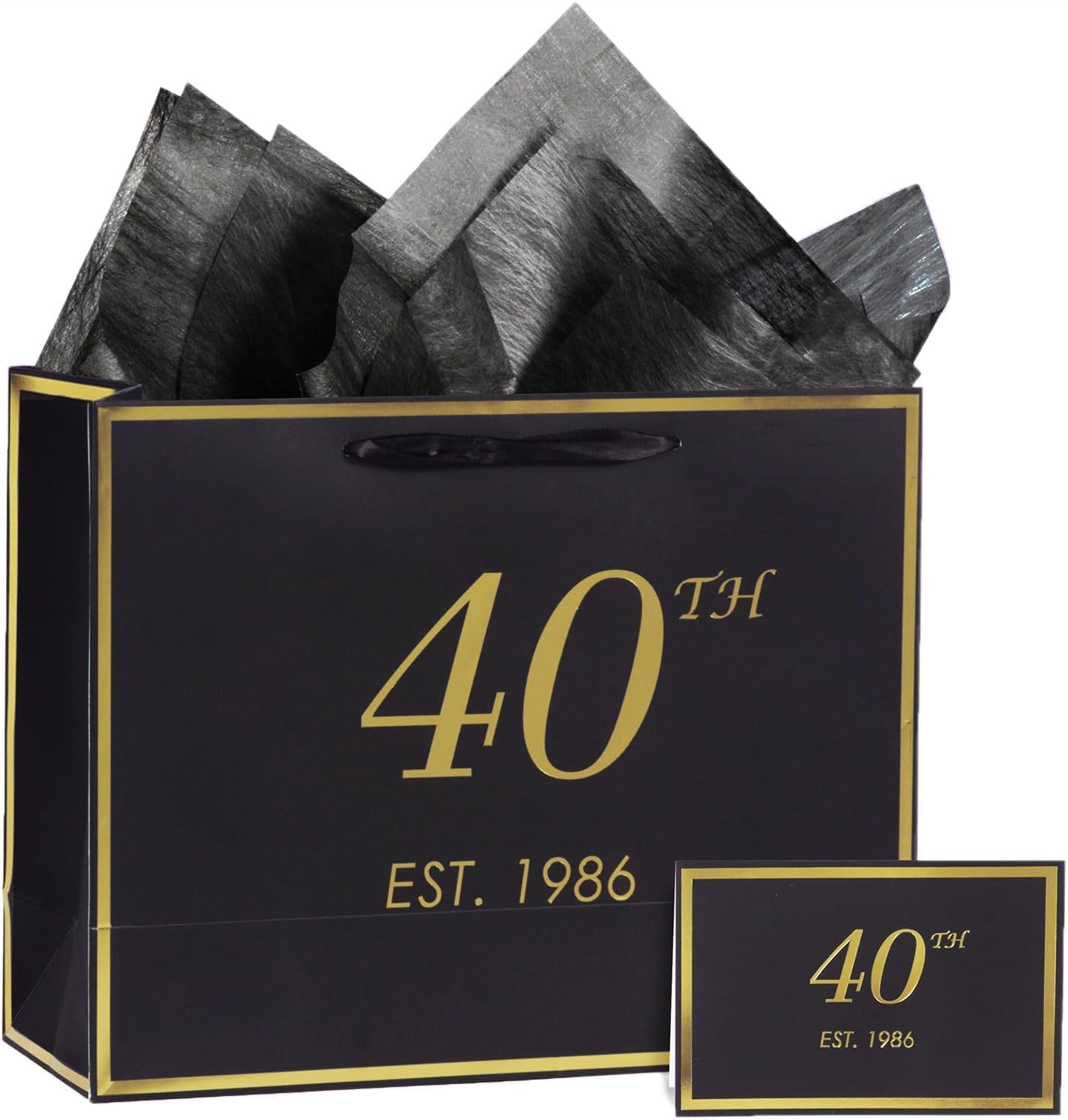 40th Birthday Gift Bag with Card and Tissue Paper for Men Women Him, 1986 40 Year Old 13" Elegant Black Gold Anniversary Keepsake Party Present Shopping Paper Bags for Gifts Wrapping (1986 40th)