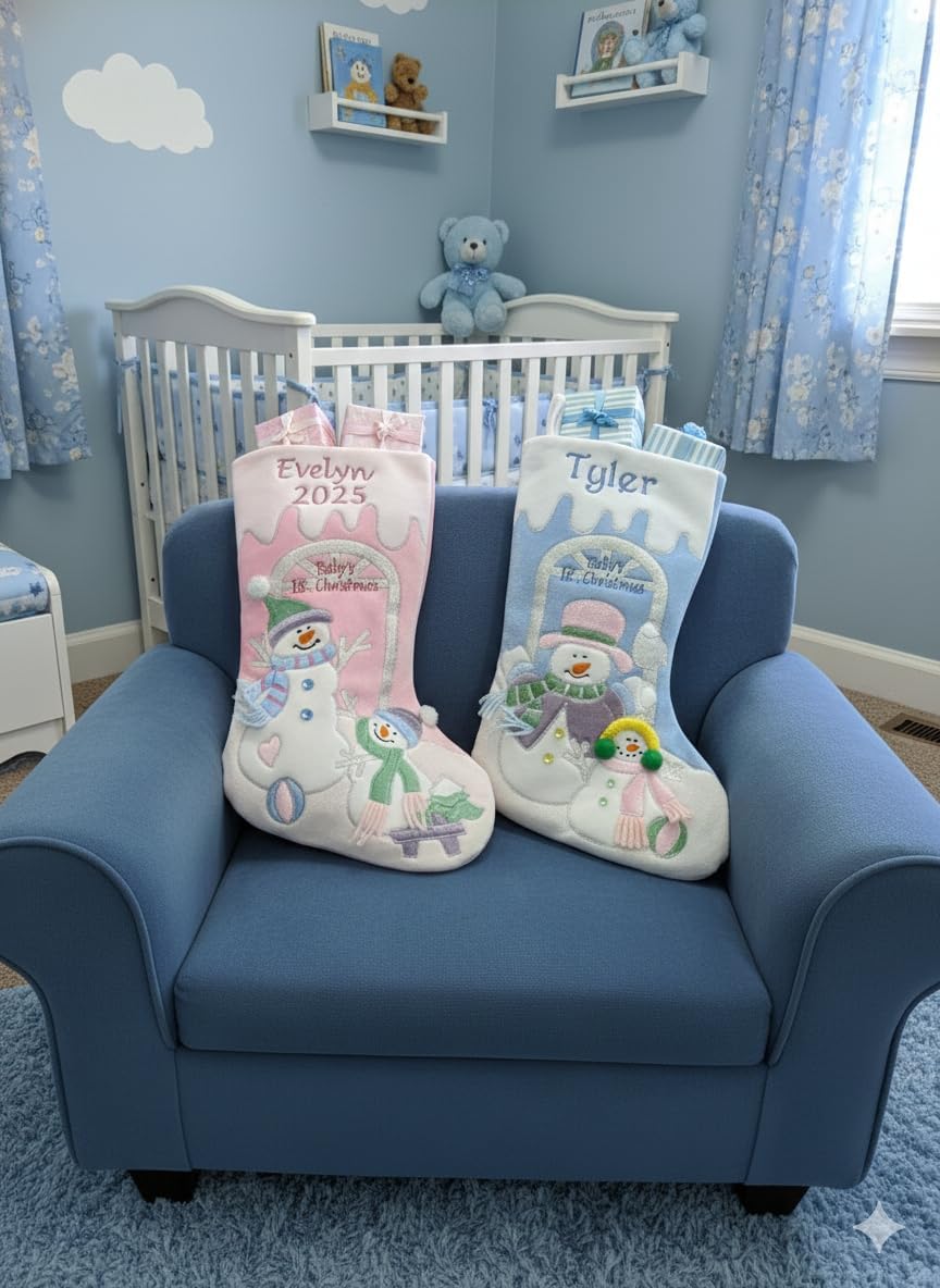 Baby's 1st Christmas Stocking with Large 20" Pink Snowman Velvet Personalized Stockings for First Christmas