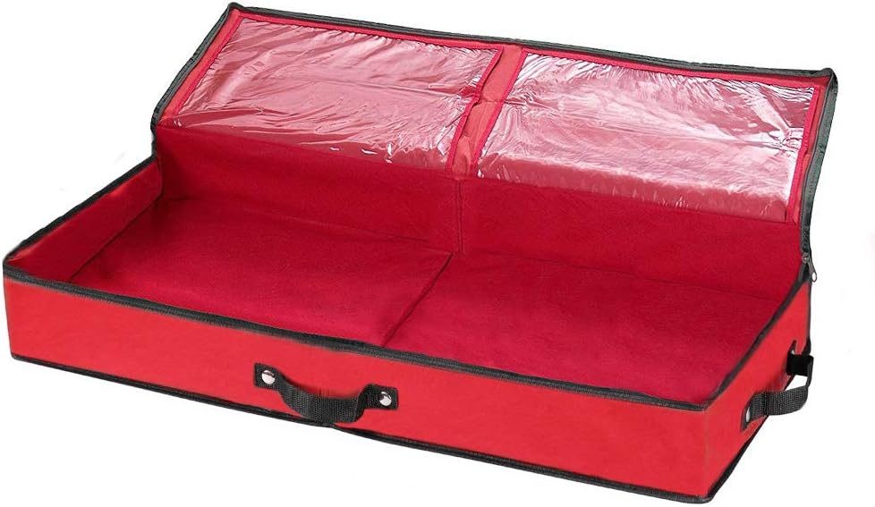 Wrapping Paper Storage Container | Under Bed Gift Wrap Organizer for 30 Inch Rolls | 31”x13.5”x4.5” | 600D Oxford Material | Box Holder with Pockets for Ribbon, Bows, and Accessories (Red)