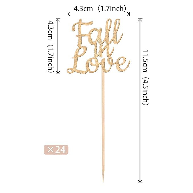 24 PCS Fall in Love Cupcake Toppers Glitter Fall Theme Bridal Shower Cupcake Picks for Autumn Wedding Engagement Anniversary Birthday Bridal Shower Party Cake Decorations Supplies Champagne Gold