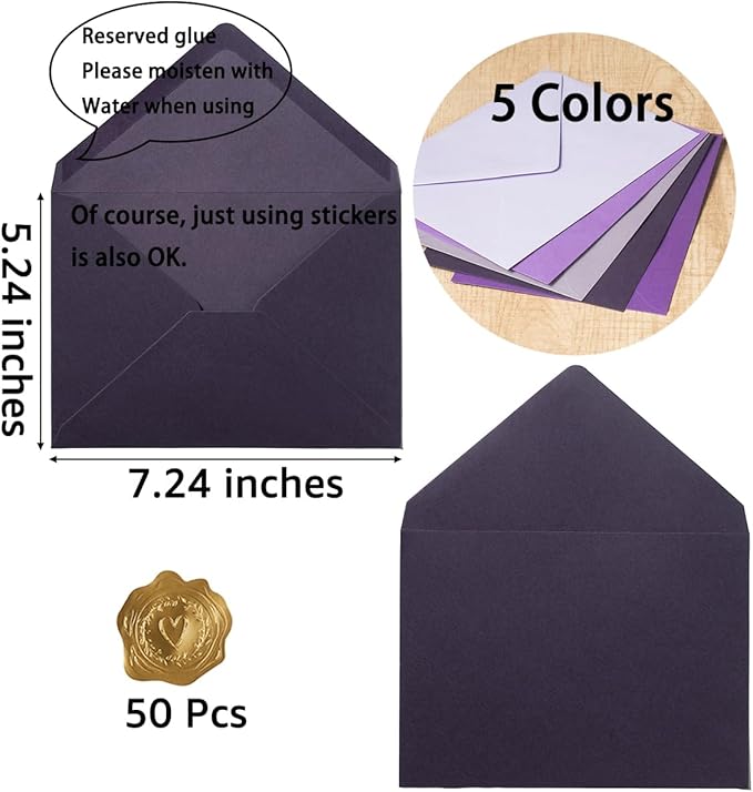 50 Pack Colored A7 Invitation Envelopes 5x7 with Gold Stickers for Cards and Invitations, 5 Colors (Purple, 5 1/4 x 7 1/4 inches)