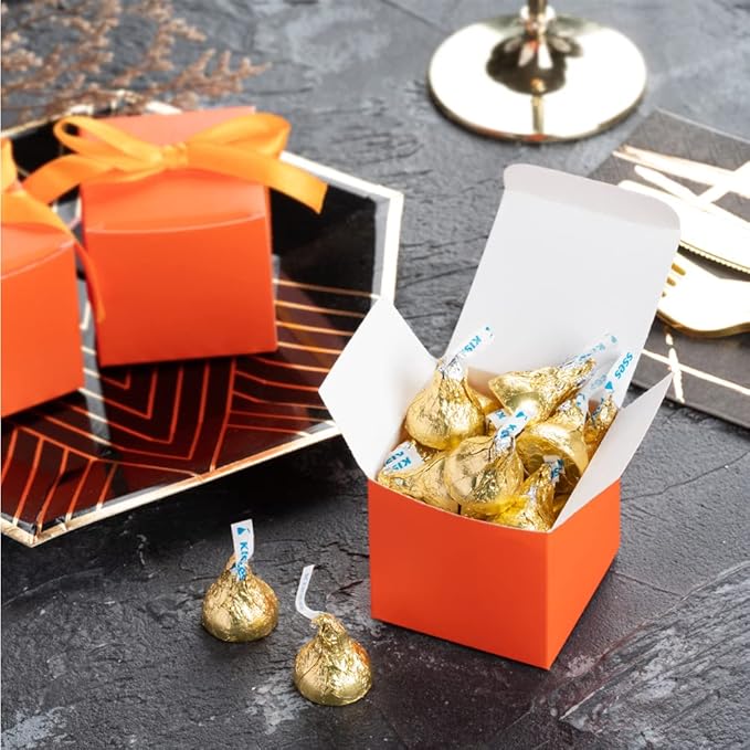 AWELL Orange Gift Candy Box Bulk 2x2x2 inches with Orange Ribbon Party Favor Box for Graduation Halloween Party,Pack of 50