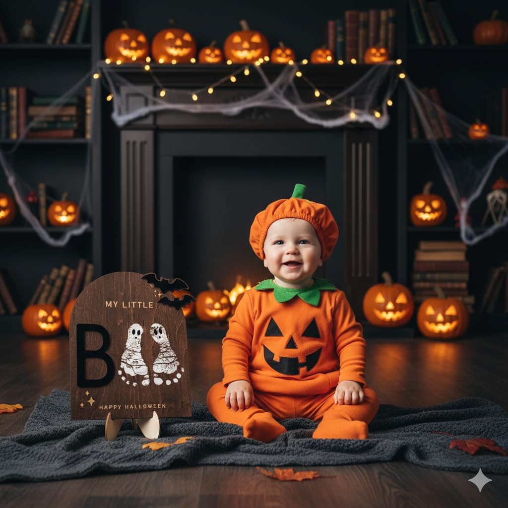My Little Boo Wooden Halloween Sign – Baby Footprint Ghost Keepsake Plaque – Happy First Halloween Nursery Décor – Rustic Wooden Tabletop Sign for Newborn. Halloween baby