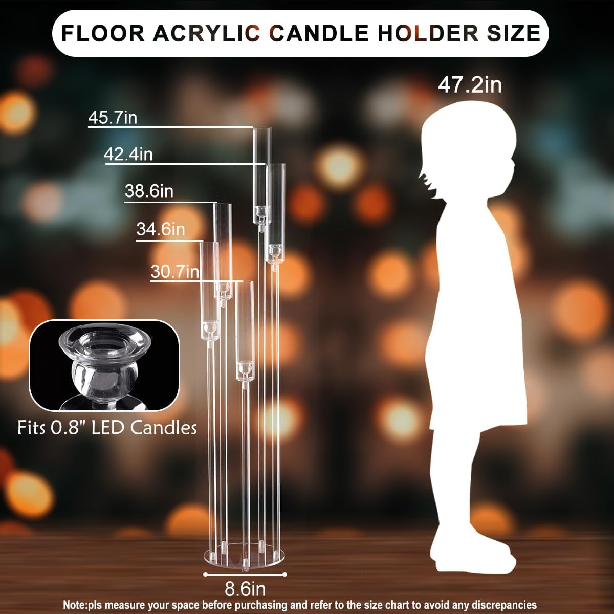 2PCS 5 Arms Acrylic Candelabra Centerpieces for Wedding,45.7Inches Clear | Floor Candle Stick Holders with Acrylic Shade for Christmas Party Home Decor Fireplace Gift candelabros para centros de mesa
