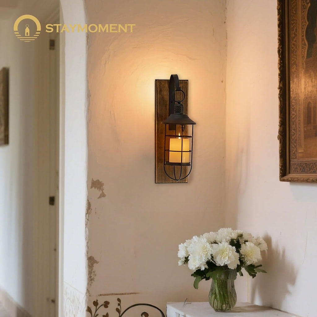 Wall Candle Sconce with Black Lantern, Set of 2 Farmhouse Decor | Candle holders with Distressed Wood Boards, for Front Porch, Living Room, Dining Room, Bedroom or TV wall