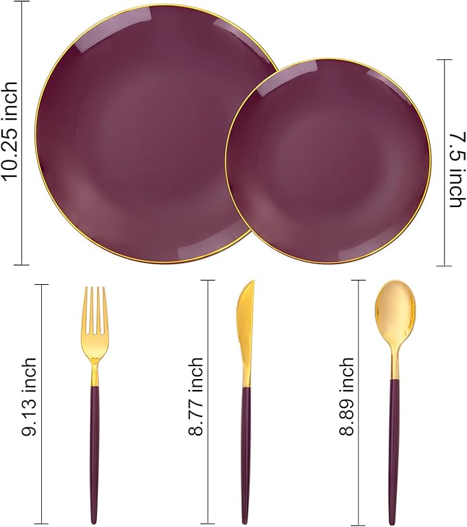 Liacere 150PCS Purple Plastic Plates - Gold Plastic Silverware with Purple Handle - Disposable Plates Include 30 Guests Plates, Forks, Spoons, Knives for Wedding&Father's Day&Independence Day