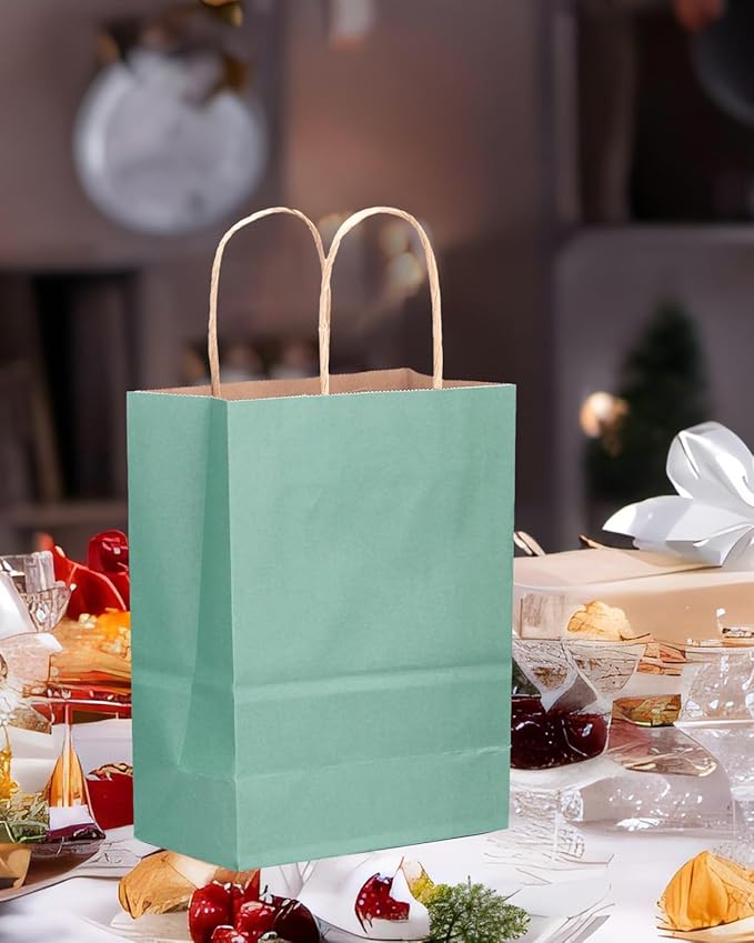 qiqee 50-Packs Kraft Light Blue Paper Gift Bags with Handles Bulk 11"x8.3"x4.3" Medium Size Paper Bags Multiple Uses