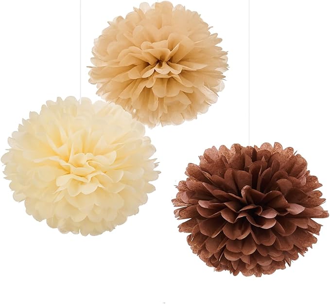 WEVEN Tissue Pom Poms Tissue Paper Flowers Tissue Fluff Balls Party Decorations 12-Inch Pack of 12 (Brown, Khaki, Ivory)
