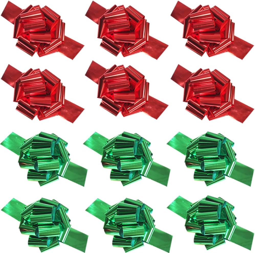 12Pcs Large Christmas Pull Bows,6 Inches Xmas Pull Bows Christmas Ribbon for Presents,Pull Bows for Gift Wrapping Gift Baskets,Birthday Parties,Bouquet,and Other Gift Decorations (12 red,Green)