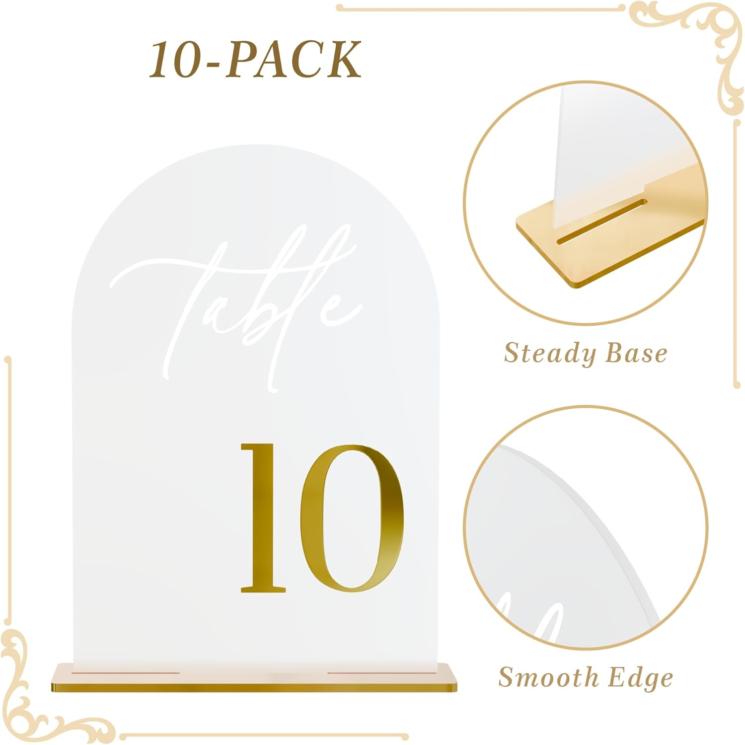 Frosted Wedding Table Numbers 1-10 with Stands, Elegant Gold 3D Arch Signs with Holder - 5.5" X 7" Arch Acrylic Table Numbers for Wedding Reception, Party, Anniversary, Events And Centerpiece