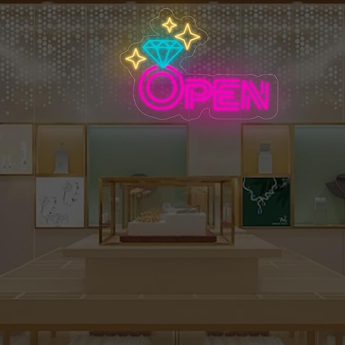 Diamond Open Indoor Neon Sign For Jewelry Store Custom Led Neon Sign Business Decor Store Decor Diamond LED Light Wall Art Decoration, 16.5"x11", Pink