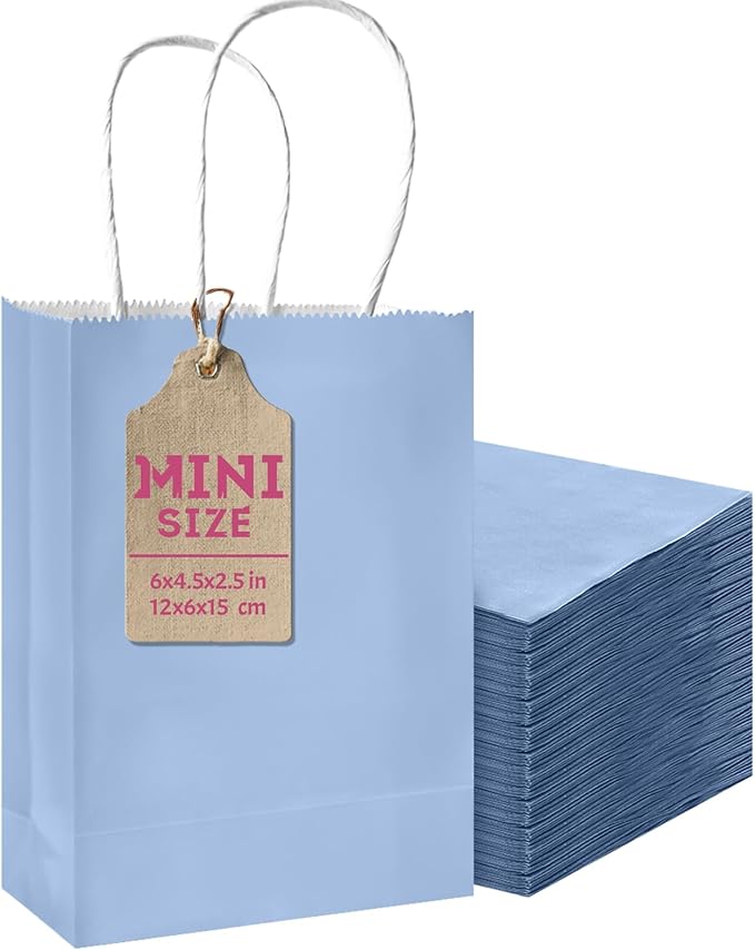 qiqee 50-Packs Light Blue Paper Gift Bags with Handles Bulk 4.5"x2.5"x6" Mini Size Party Favor Bags Multiple Uses