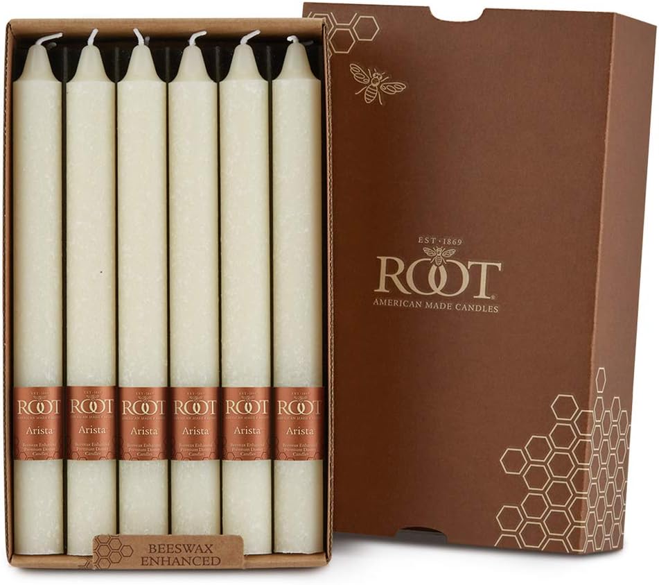 Root Candles 12-Count Unscented Dinner Candles Dripless Beeswax Enhanced Timberline™ Arista™ Boxed Candle Set, 9-Inch, Ivory