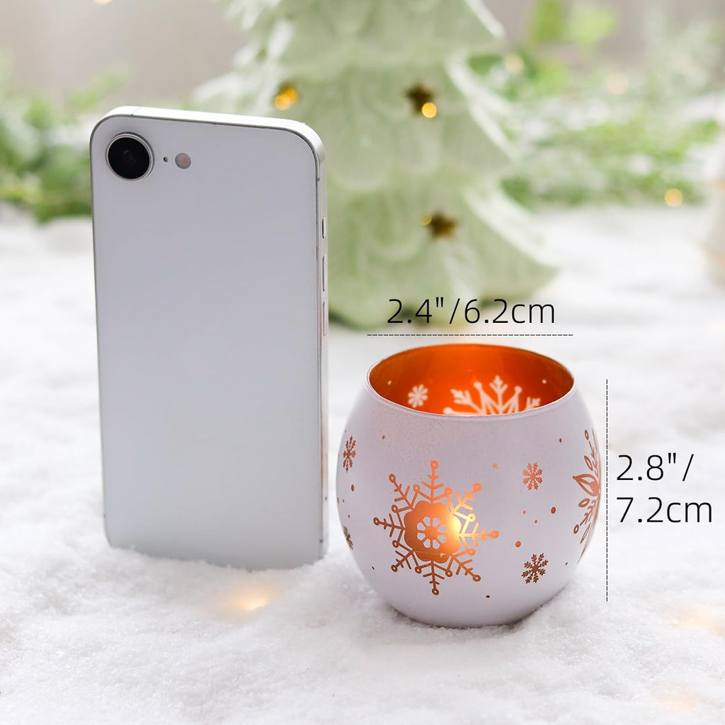 Snowflake Christmas Candle Holders Set of 4, Gold & White Glass Tealight Votive Holders for Winter Decor, Xmas Table Centerpieces, Indoor Christmas Decorations, Ideal