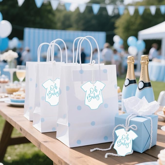 100Pcs Gift Tags with String Oh Baby Sign Blue Baby Clothes Large Gift Tags with 65 Ft Jute Twine Cute Tags White Paper Gift Tag for It's a Boy Gender Reveal Baby Shower Party Gift Wrap Tag