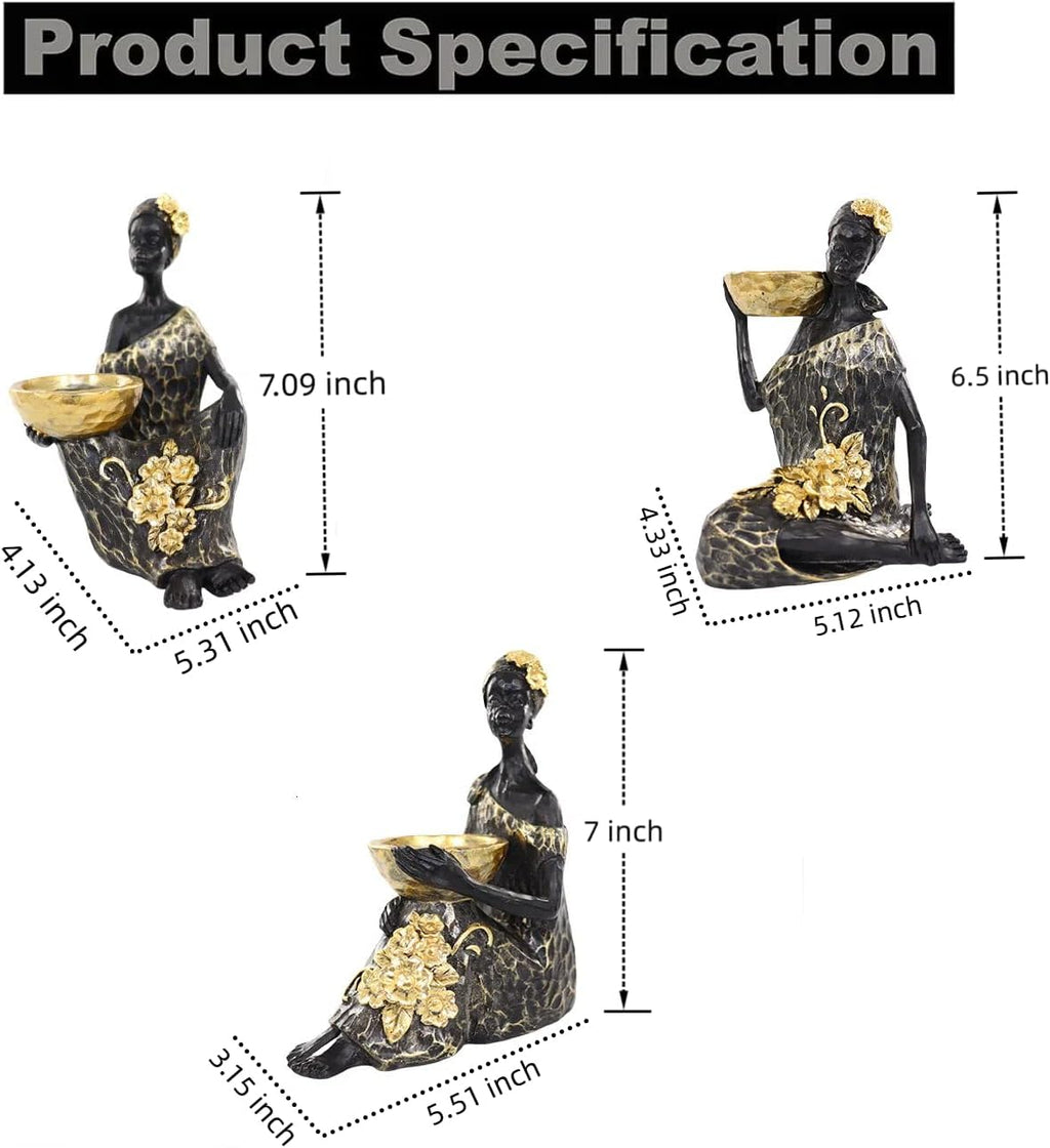Lescafita African Lady Candle Holder Set of 3 – Resin Figurines with Gold Bowls for Tea Light or Small Pillar Candles – Decorative African Women Statues for Home, Shelf, or Table Centerpiece