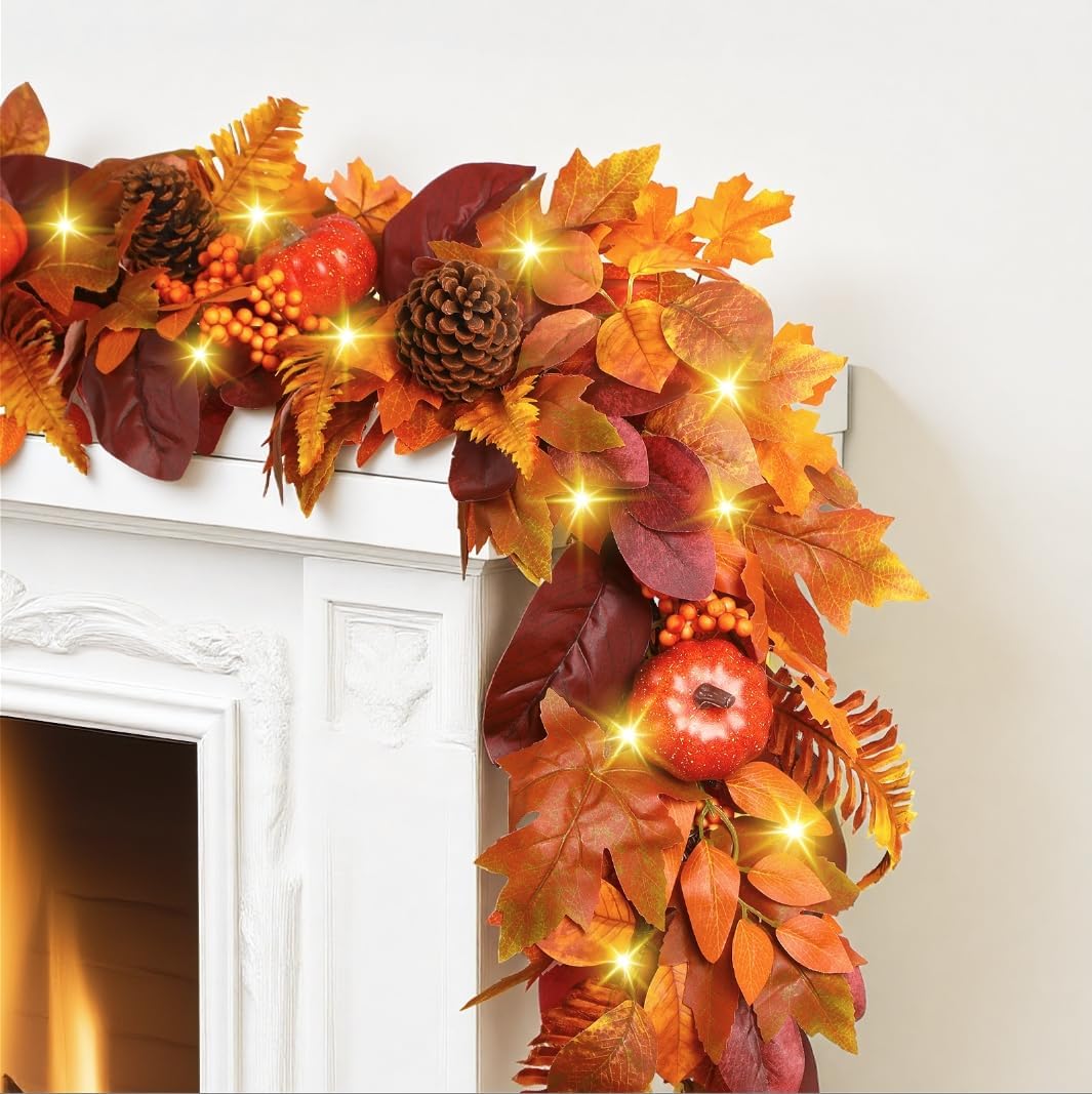 SHareconn 2 Packs 6ft Fall Garland with Lights and Timer for Mantle