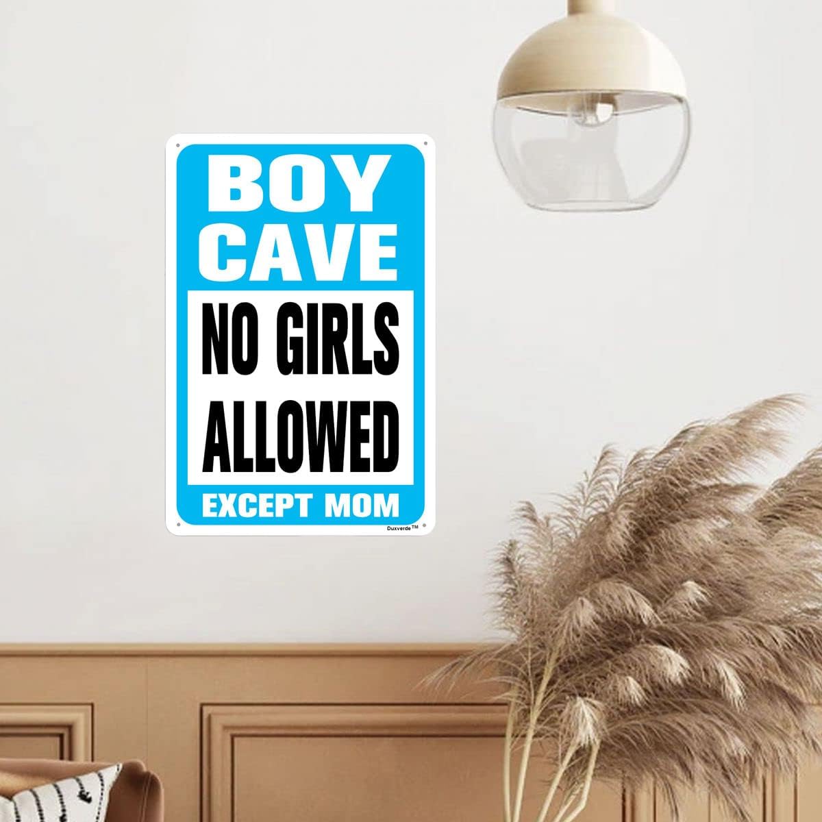 8"x12" Aluminum Sign, Boy Cave Signs No Girls Allowed Except Mom Sign, Blue Metal Sign for Little Man Cave Bedroom Living Room Wall Decor