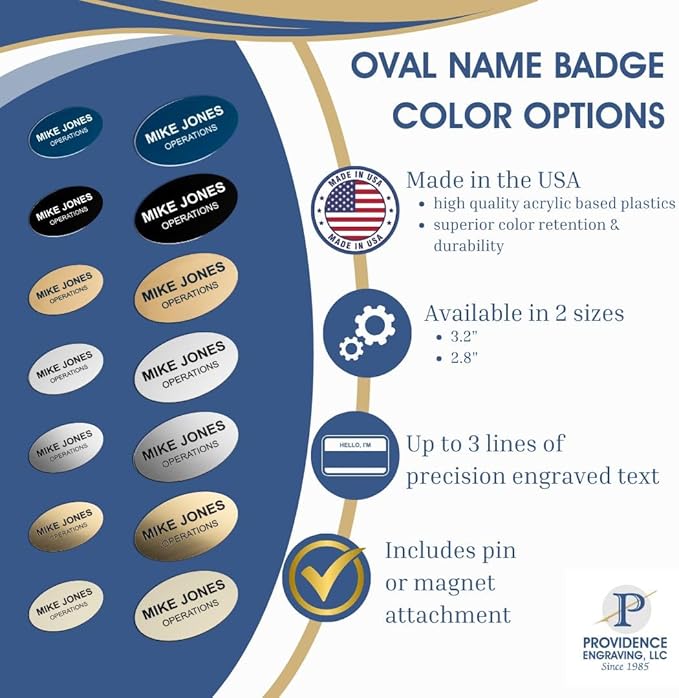 Custom Engraved Name Tag Badges – Personalized Identification with Pin or Magnetic Backing, 3.2 Inch Oval, Almond/Black