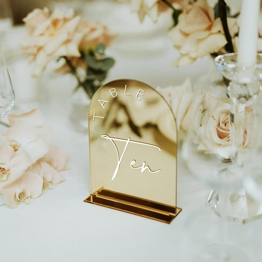 Gold Mirror Arched Wedding Table Numbers 1-10 with Stands, 5x7 Inch Acrylic Arch Sign with Holder, Gold Arch Acrylic Table Numbers for Wedding Reception