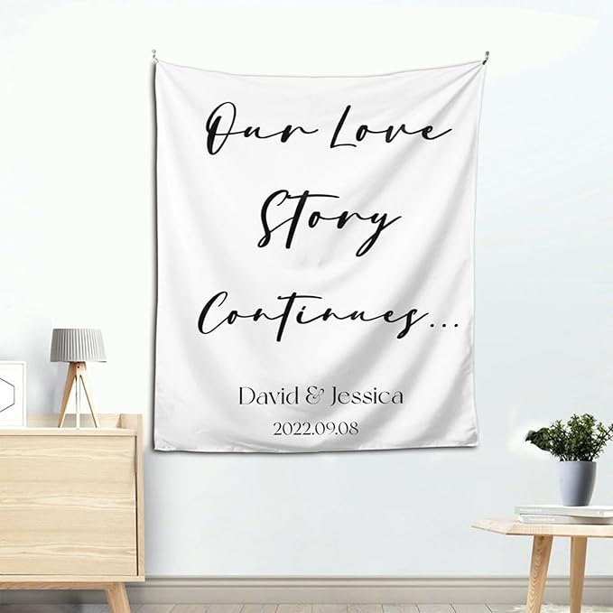 Our Love Story Continues Backdrop Custom Tapestry with Names and Date Personalized Calligraphy Banner for Ceremony Rustic Wedding Sign Reception Arch
