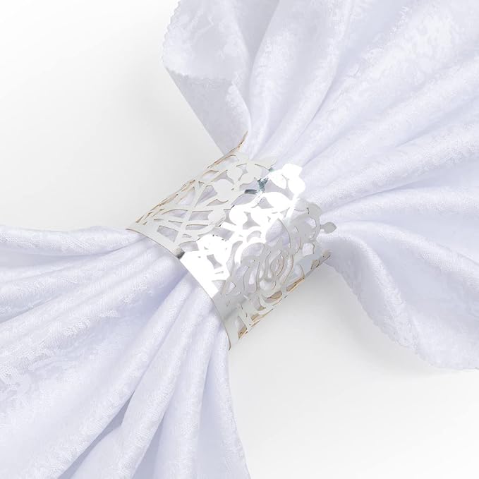 100pcs Disposable Rose Flower Paper Napkin Rings Laser Cut Foil Paper Napkin Holder, Leaf Vine Serviette Rings for Table Decoration,Christmas,Wedding,Party (Silver)