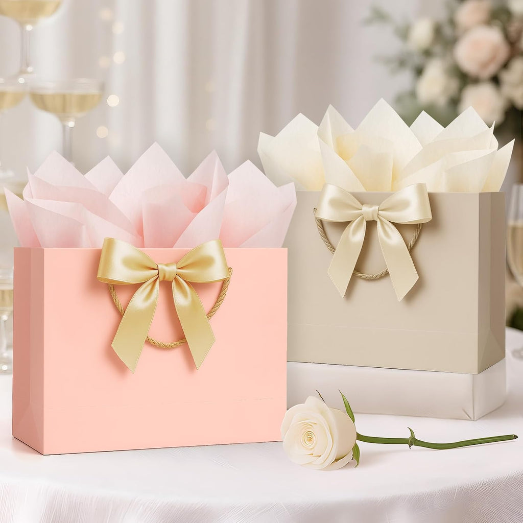 ANZNKU Gift Bags Medium with Handles with Ribbon Card and 2 Tissue Paper, 1 Pcs Cute Champagne Beige Paper Gift Wrap Bag for Wedding Party Favors Birthday Baby Bridal Shower Engagement & Graduation