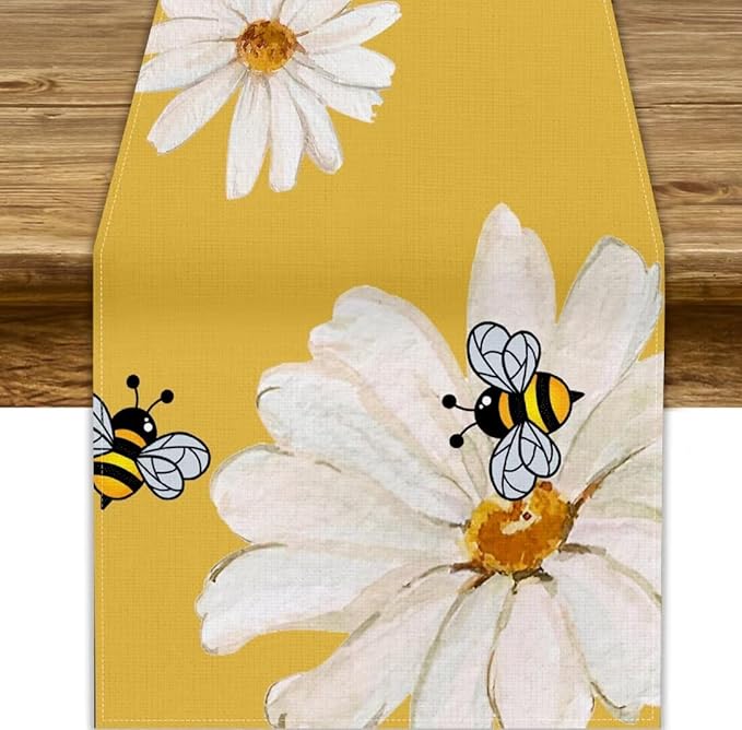 Daisy Flower Table Runner, Summer Spring Seasonal Watercolor Wildflower Yellow Bee Print Table Cover for Home Party Decor Kitchen Dining Table, 13x108inch
