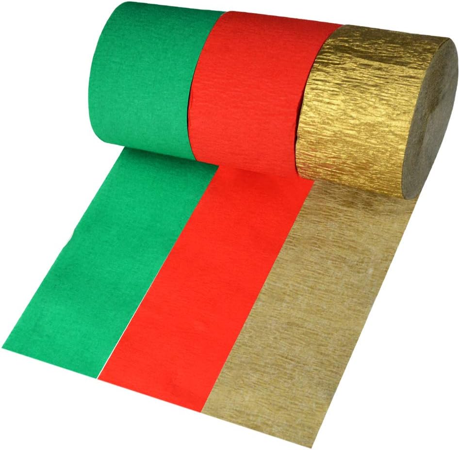 Crepe Paper Streamers for Christmas, jiebor 738 Ft Red Green Gold Crepe Paper Roll Christmas Party Room Wall Decor, 9 Rolls