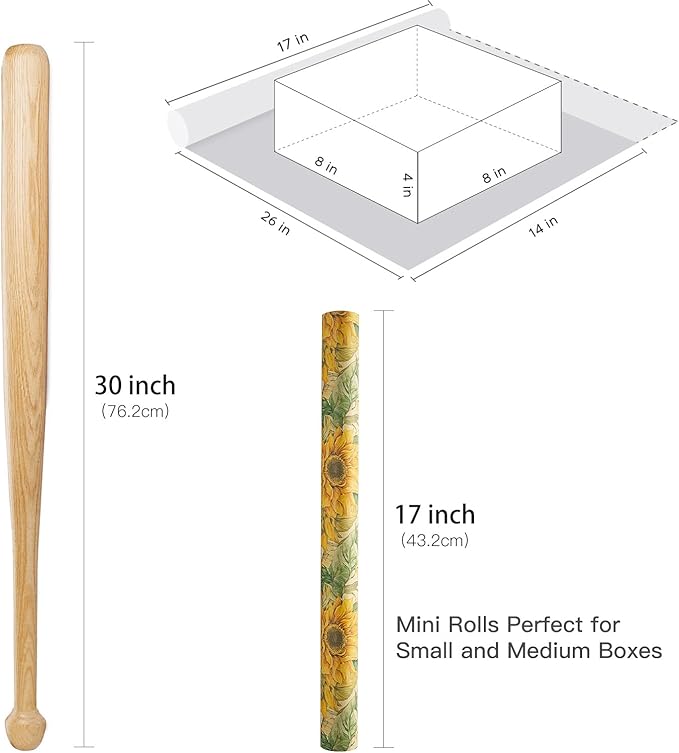 RUSPEPA Sunflower Wrapping Paper Roll for Women Girls, Mini Roll, Watercolor Sunflower Design, Fall Floral Kraft Gift Wrp Paper for Birthday, Thanksgiving, Autumn Gifts, 17 Inches x 16.4 Feet