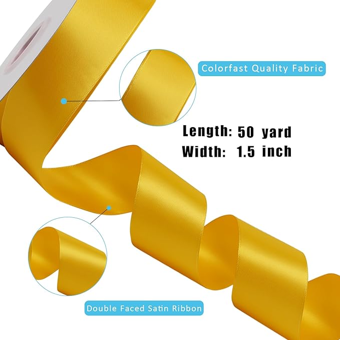 LaRibbons 1 1/2 Inch 50 Yard Double Faced Satin Ribbon,Yellow Gold Satin Craft Fabric Ribbon for Gift Wrapping Floral Bouquets Wedding Party Decoration