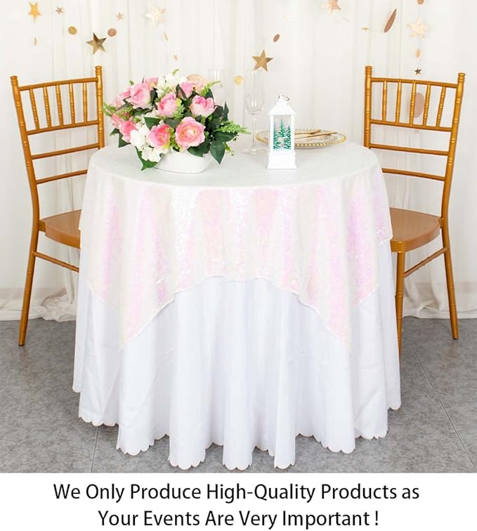 ShinyBeauty Sequin Tablecloth - Square 54x54-Inch Iridescent White Table Cloths for Round Table - Glitter Tablecloth Linen for Party