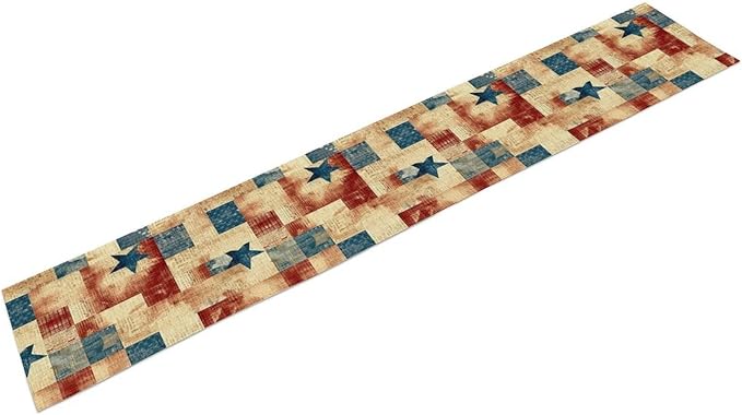 4th of July Table Runner, Rustic Vintage Country Red White Blue American Stars Independence Day Print Table Cover for Farmhouse Kitchen Dining Table Decor, 13x90inch